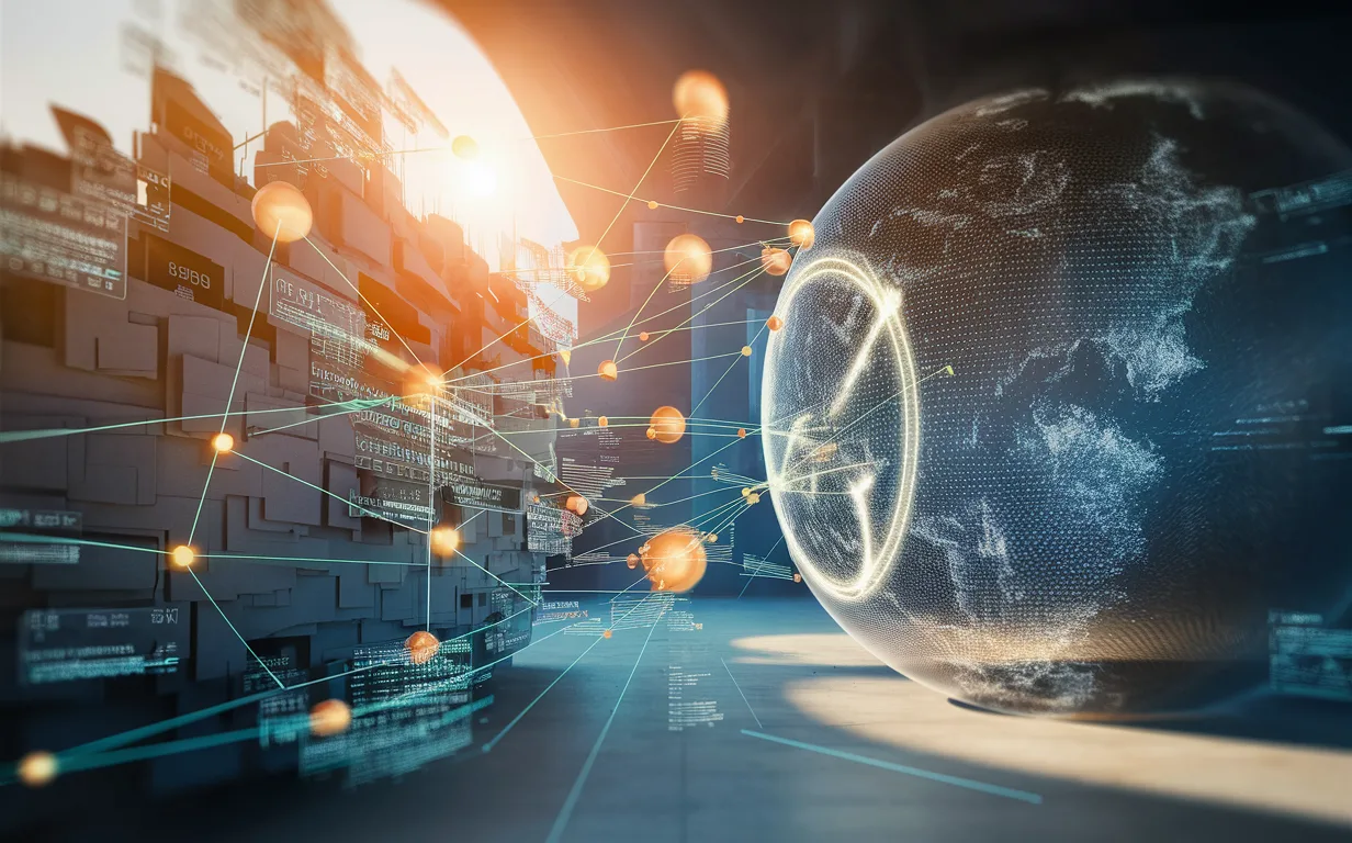 Digital network visualization symbolizing a comprehensive alumni management platform connecting universities and graduates with glowing interconnected nodes in a modern educational setting.