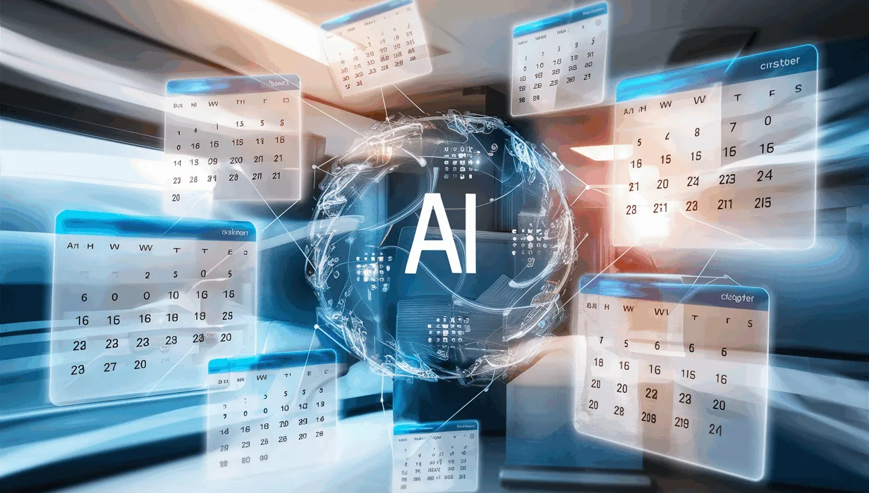 Digital calendars converging into an AI-driven system symbolizing automated meeting scheduling and efficiency in business.