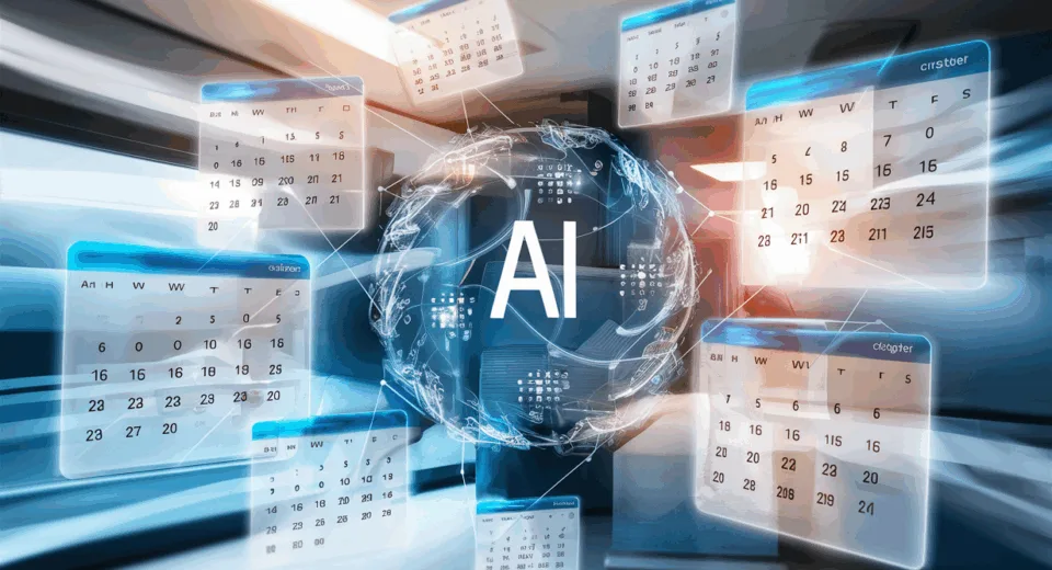 Digital calendars converging into an AI-driven system symbolizing automated meeting scheduling and efficiency in business.
