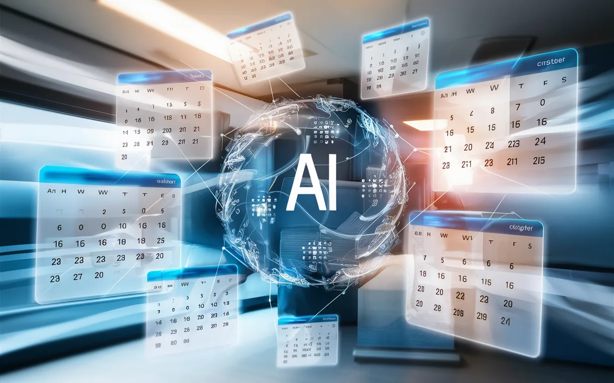 Digital calendars converging into an AI-driven system symbolizing automated meeting scheduling and efficiency in business.