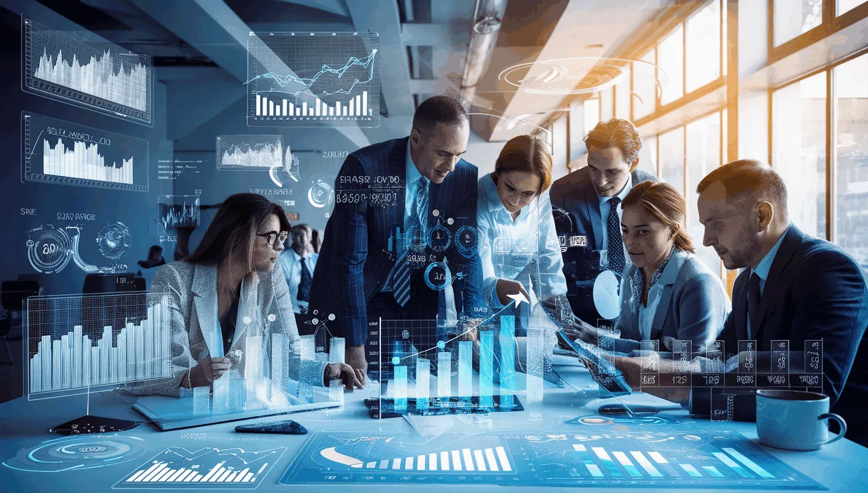 Realistic digital workspace with holographic project management and profitability charts illustrating business performance optimization in a modern IT business environment.