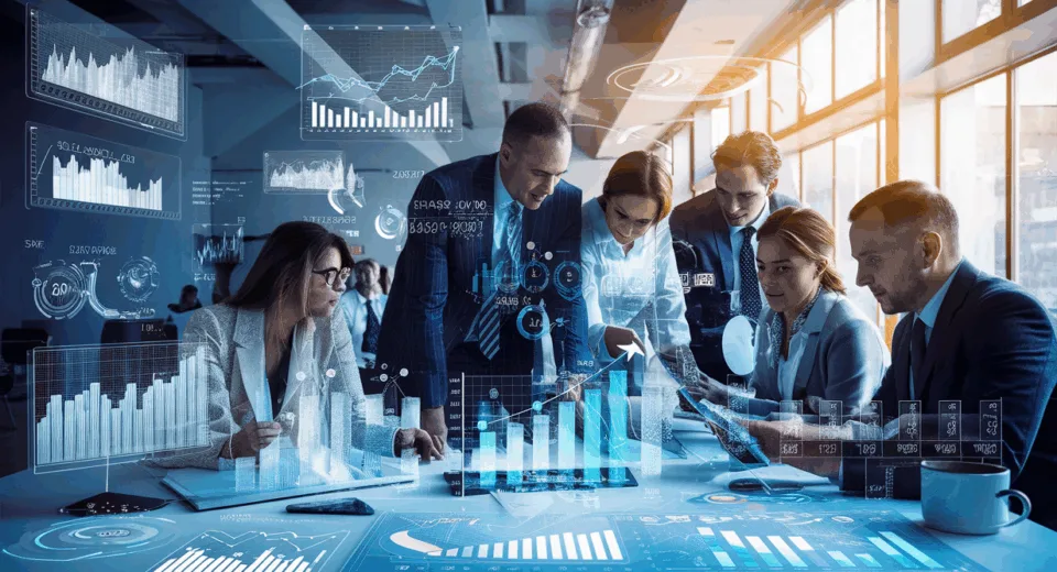 Realistic digital workspace with holographic project management and profitability charts illustrating business performance optimization in a modern IT business environment.