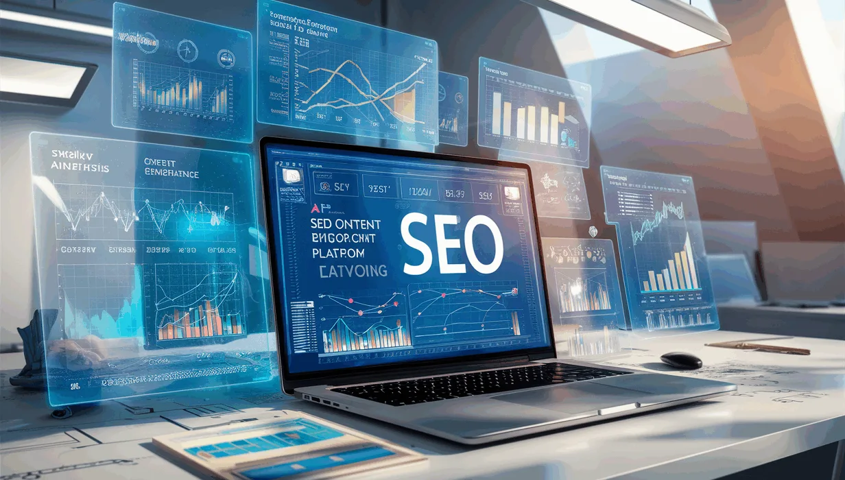 Realistic 4K image of a modern tech workspace with AI-driven SEO content optimization tools displayed on holographic screens