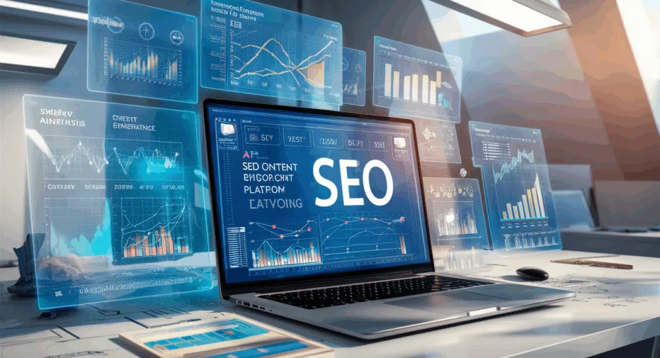 Realistic 4K image of a modern tech workspace with AI-driven SEO content optimization tools displayed on holographic screens