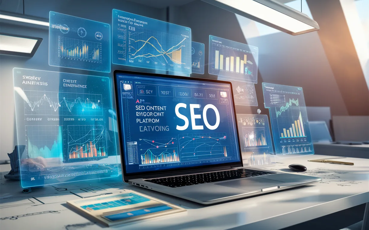 Realistic 4K image of a modern tech workspace with AI-driven SEO content optimization tools displayed on holographic screens