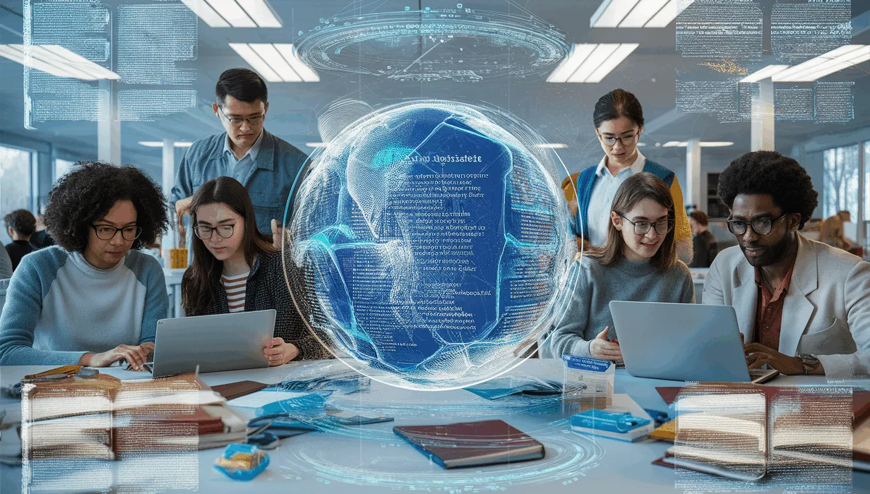 Realistic image of diverse researchers using AI-powered academic writing tools in a modern technology-focused environment with holographic data overlays symbolizing scholarly assistance.