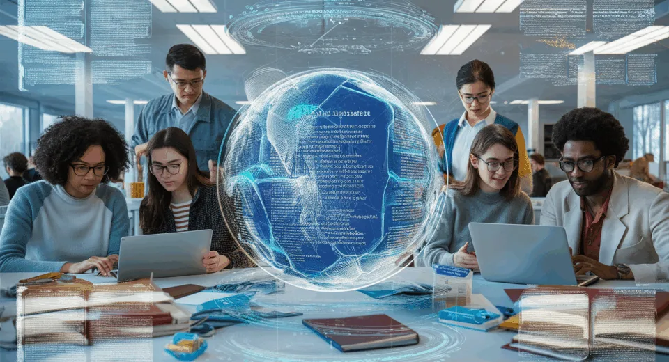 Realistic image of diverse researchers using AI-powered academic writing tools in a modern technology-focused environment with holographic data overlays symbolizing scholarly assistance.