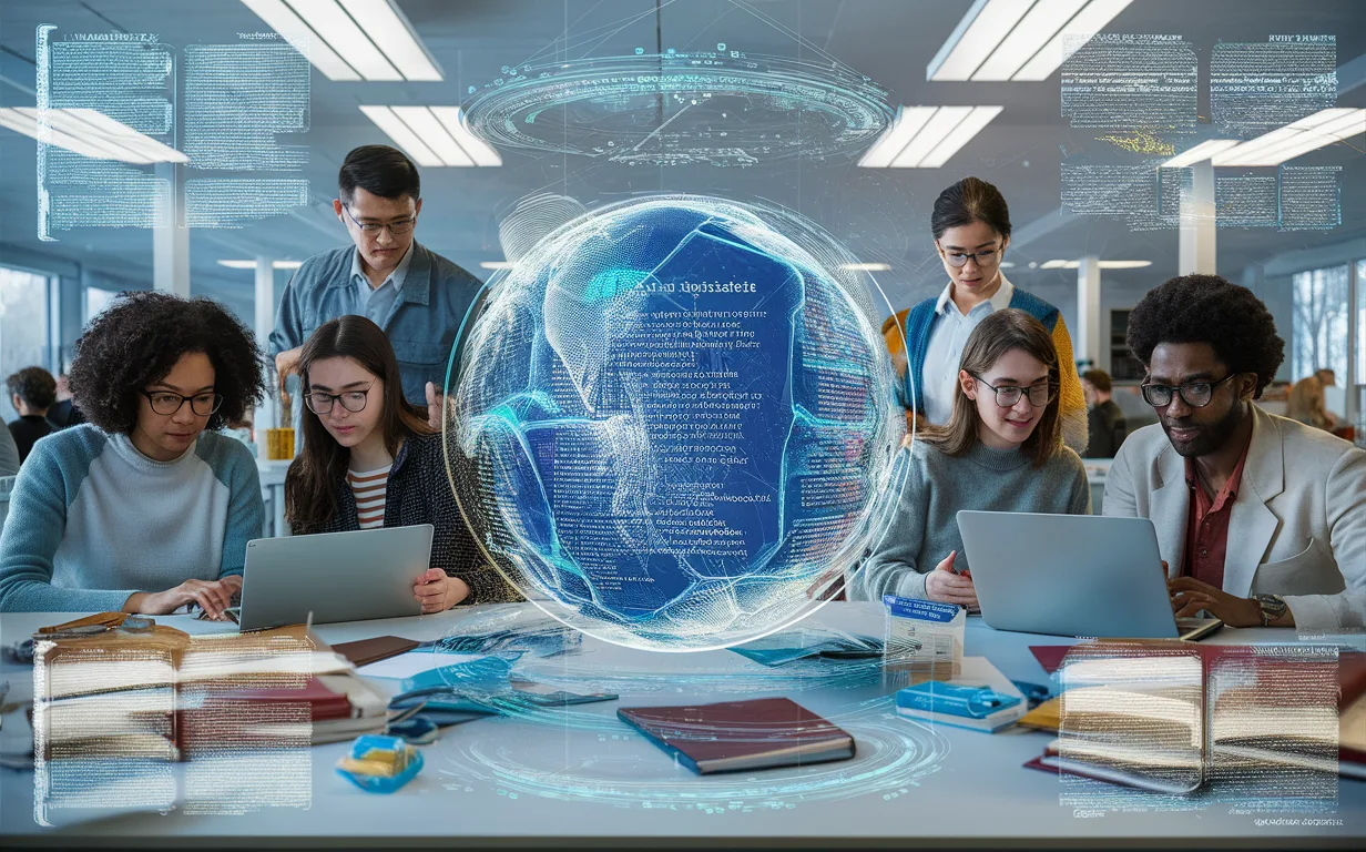 Realistic image of diverse researchers using AI-powered academic writing tools in a modern technology-focused environment with holographic data overlays symbolizing scholarly assistance.