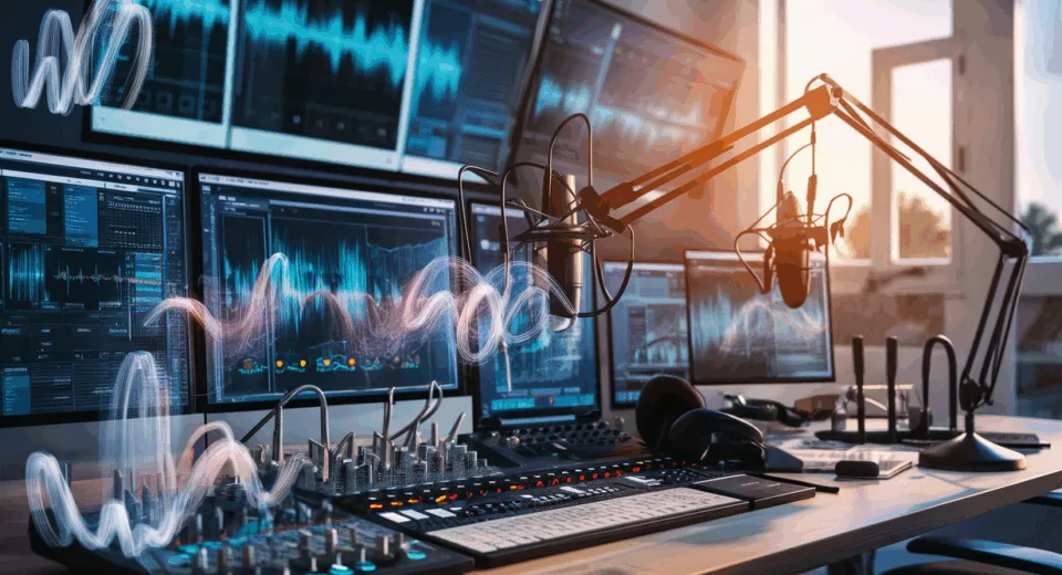 Professional podcast editing workspace with multiple screens, audio equipment, and floating digital sound wave visuals illuminated by natural light.