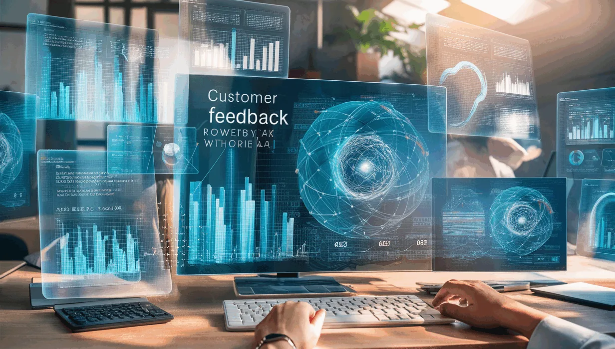 Realistic digital workspace showing AI analyzing customer feedback data in a modern office, symbolizing easy discovery of user insights.