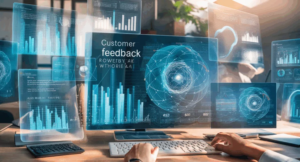 Realistic digital workspace showing AI analyzing customer feedback data in a modern office, symbolizing easy discovery of user insights.