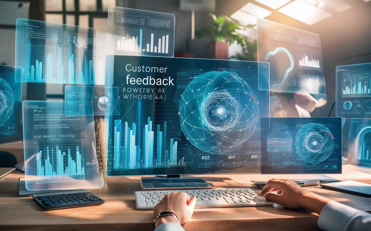 Realistic digital workspace showing AI analyzing customer feedback data in a modern office, symbolizing easy discovery of user insights.
