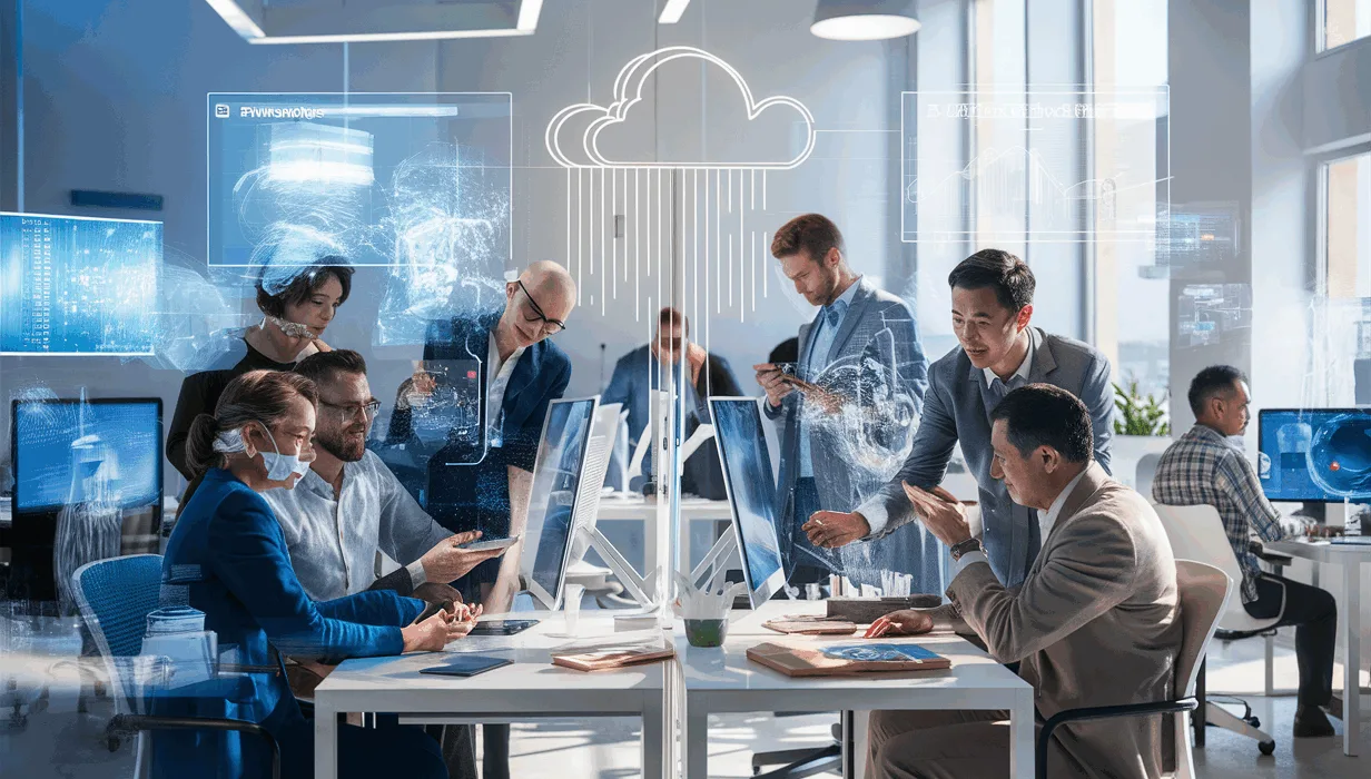 Modern hybrid workspace environment with professionals collaborating using cloud-based management tools, illustrating workspace optimization and digital connectivity.