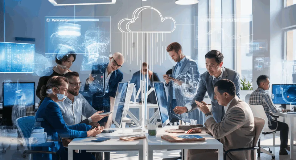 Modern hybrid workspace environment with professionals collaborating using cloud-based management tools, illustrating workspace optimization and digital connectivity.