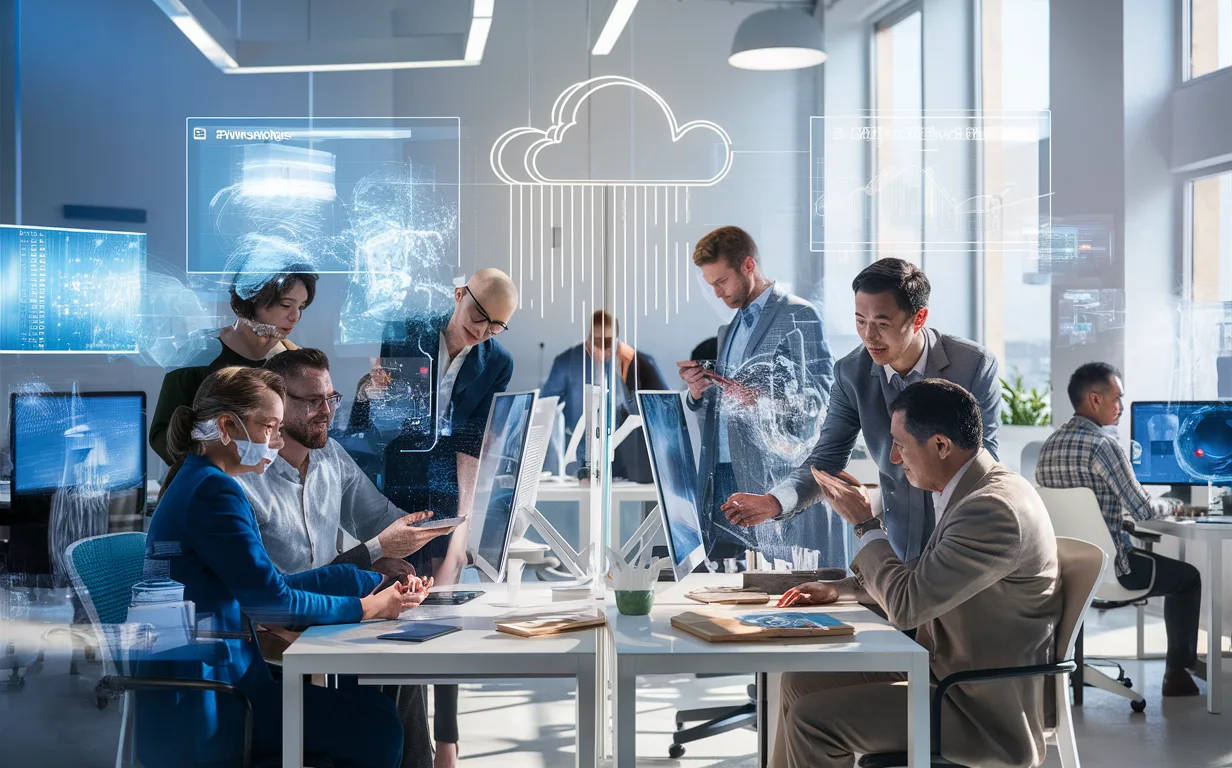 Modern hybrid workspace environment with professionals collaborating using cloud-based management tools, illustrating workspace optimization and digital connectivity.