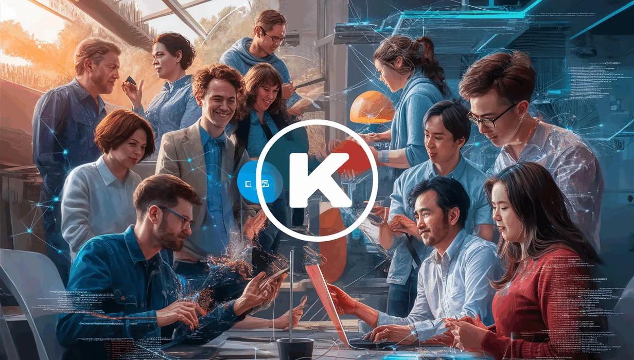 Realistic illustration of a diverse, interconnected developer community collaborating on the DEV platform in a modern tech environment.