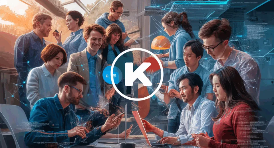 Realistic illustration of a diverse, interconnected developer community collaborating on the DEV platform in a modern tech environment.