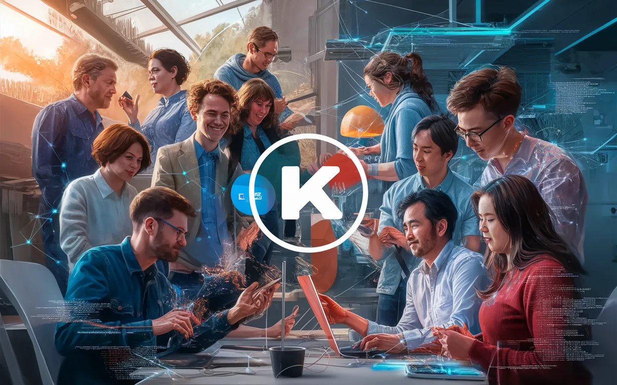 Realistic illustration of a diverse, interconnected developer community collaborating on the DEV platform in a modern tech environment.