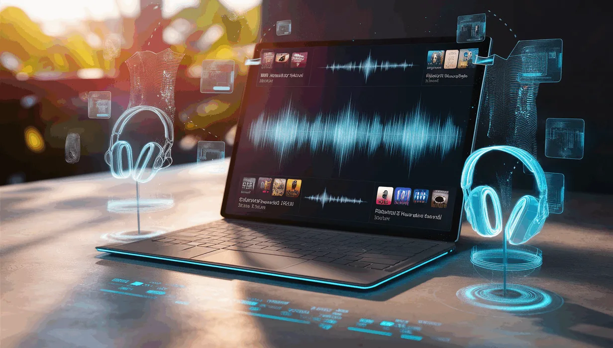 Digital workspace with AI-generated visual elements representing personalized podcast audio clip curation on a laptop in natural daylight.