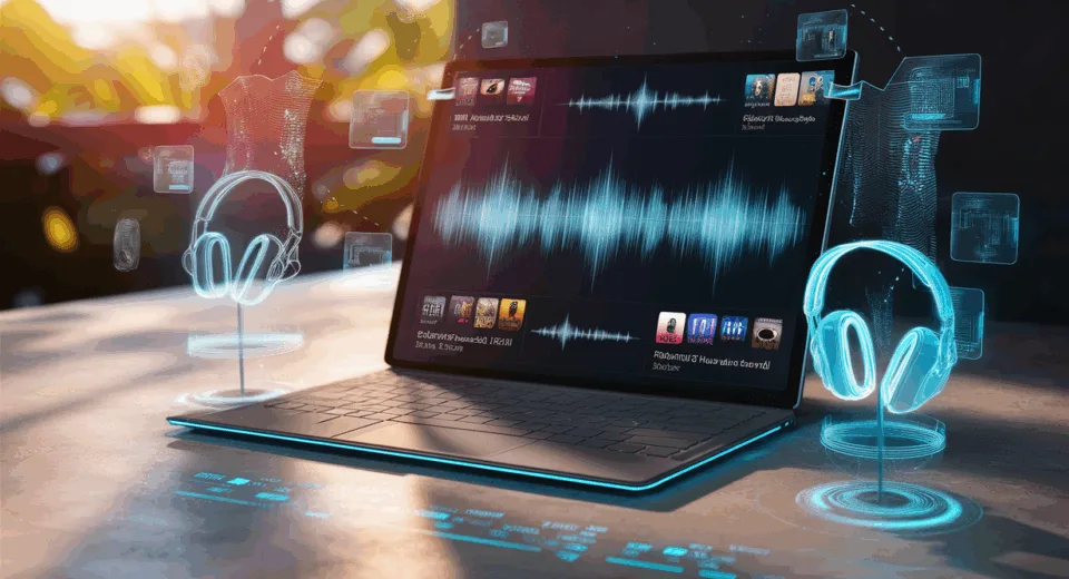 Digital workspace with AI-generated visual elements representing personalized podcast audio clip curation on a laptop in natural daylight.