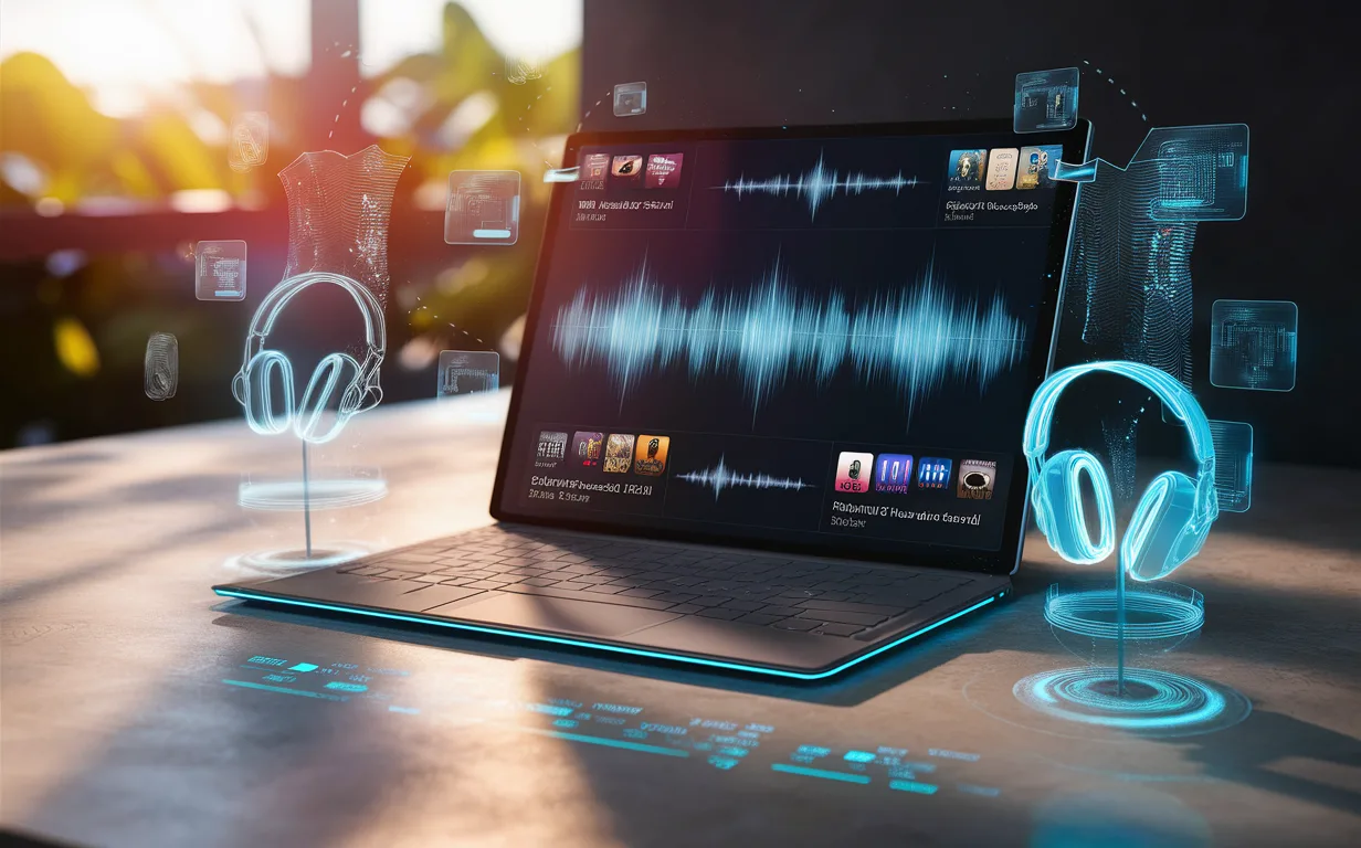 Digital workspace with AI-generated visual elements representing personalized podcast audio clip curation on a laptop in natural daylight.