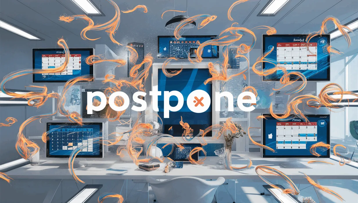 A modern workspace with multiple digital screens displaying social media icons and calendar schedules interconnected, symbolizing an efficient social media scheduling automation tool.