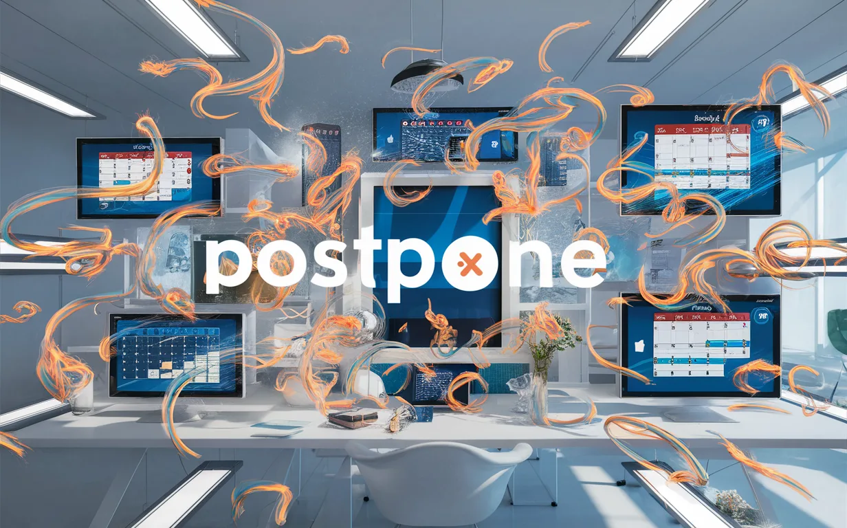 A modern workspace with multiple digital screens displaying social media icons and calendar schedules interconnected, symbolizing an efficient social media scheduling automation tool.