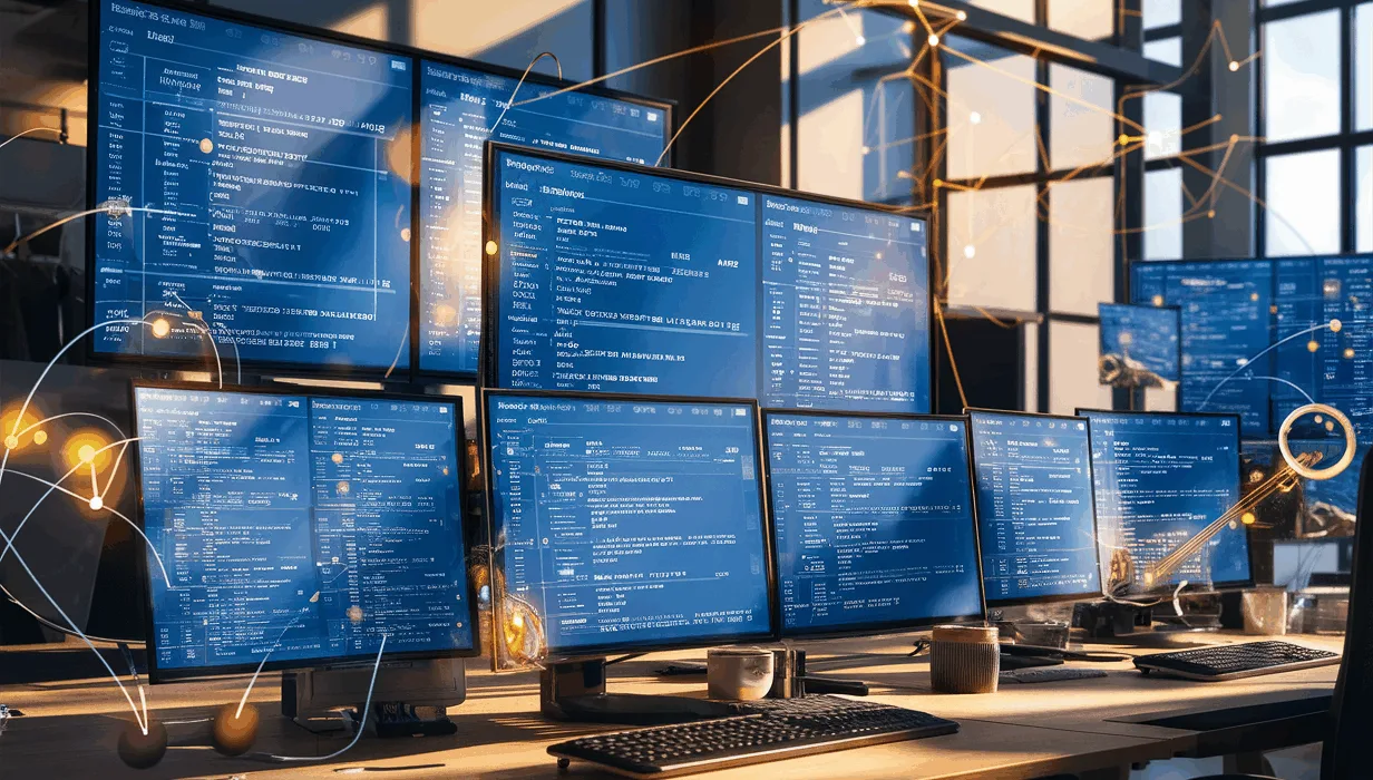 A modern office with multiple digital screens showing task management dashboards, glowing network nodes symbolizing AI automation, illuminated by natural light in a realistic 4K style.