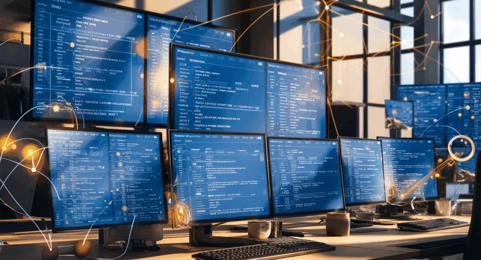 A modern office with multiple digital screens showing task management dashboards, glowing network nodes symbolizing AI automation, illuminated by natural light in a realistic 4K style.