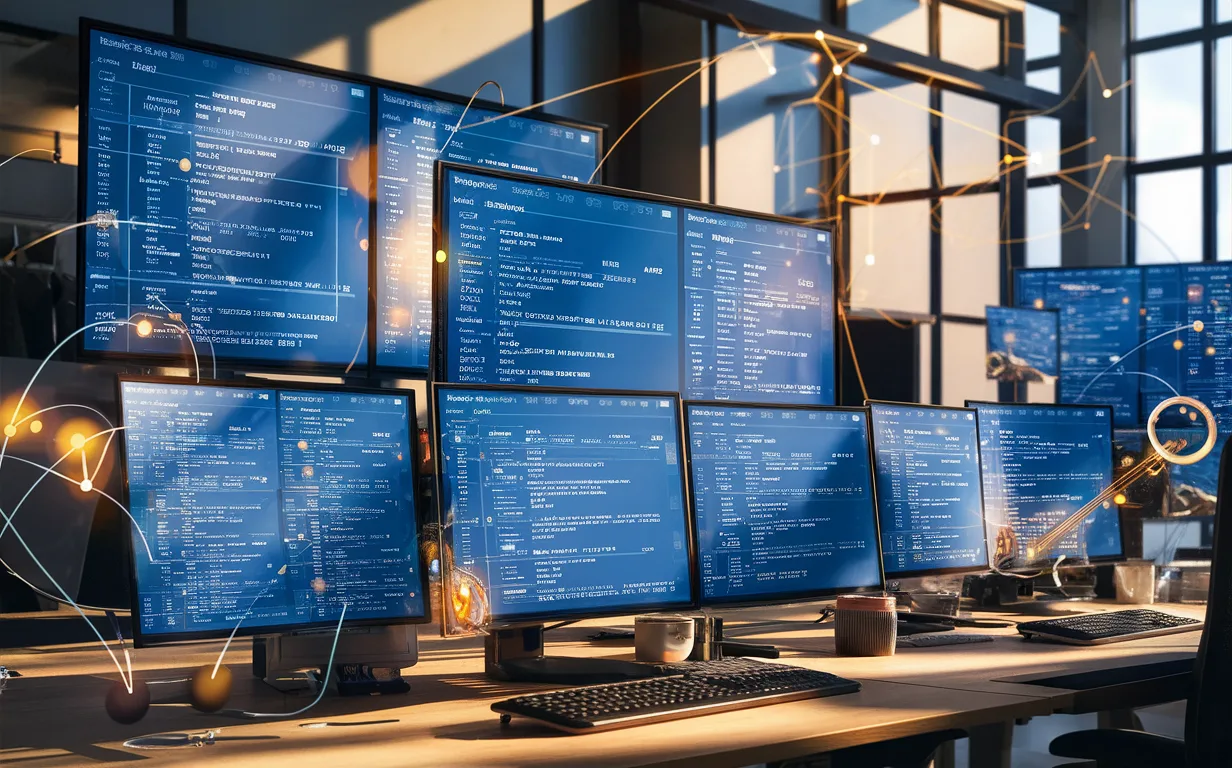 A modern office with multiple digital screens showing task management dashboards, glowing network nodes symbolizing AI automation, illuminated by natural light in a realistic 4K style.