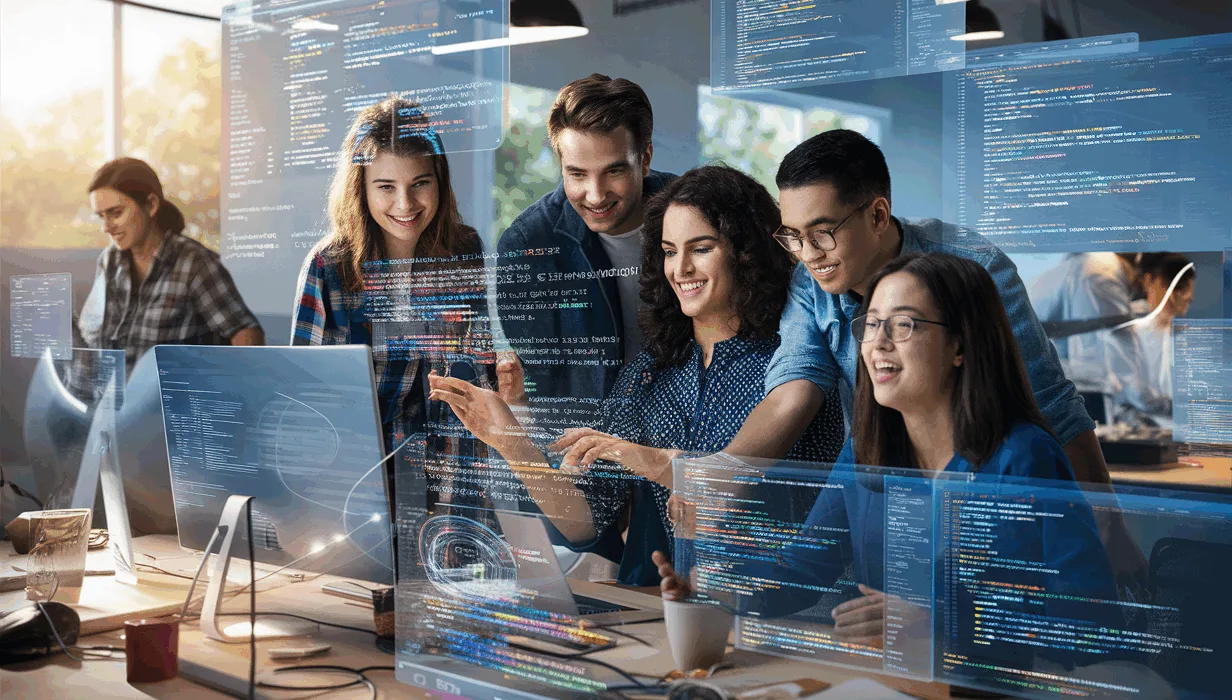 Realistic modern workspace with diverse developers interacting with digital screens displaying frontend development code and animations, symbolizing innovative interactive frontend education.