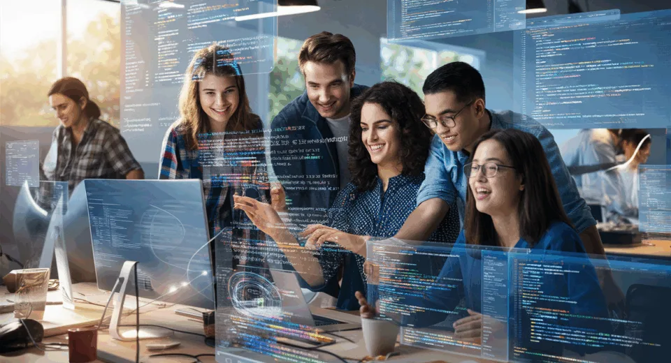 Realistic modern workspace with diverse developers interacting with digital screens displaying frontend development code and animations, symbolizing innovative interactive frontend education.