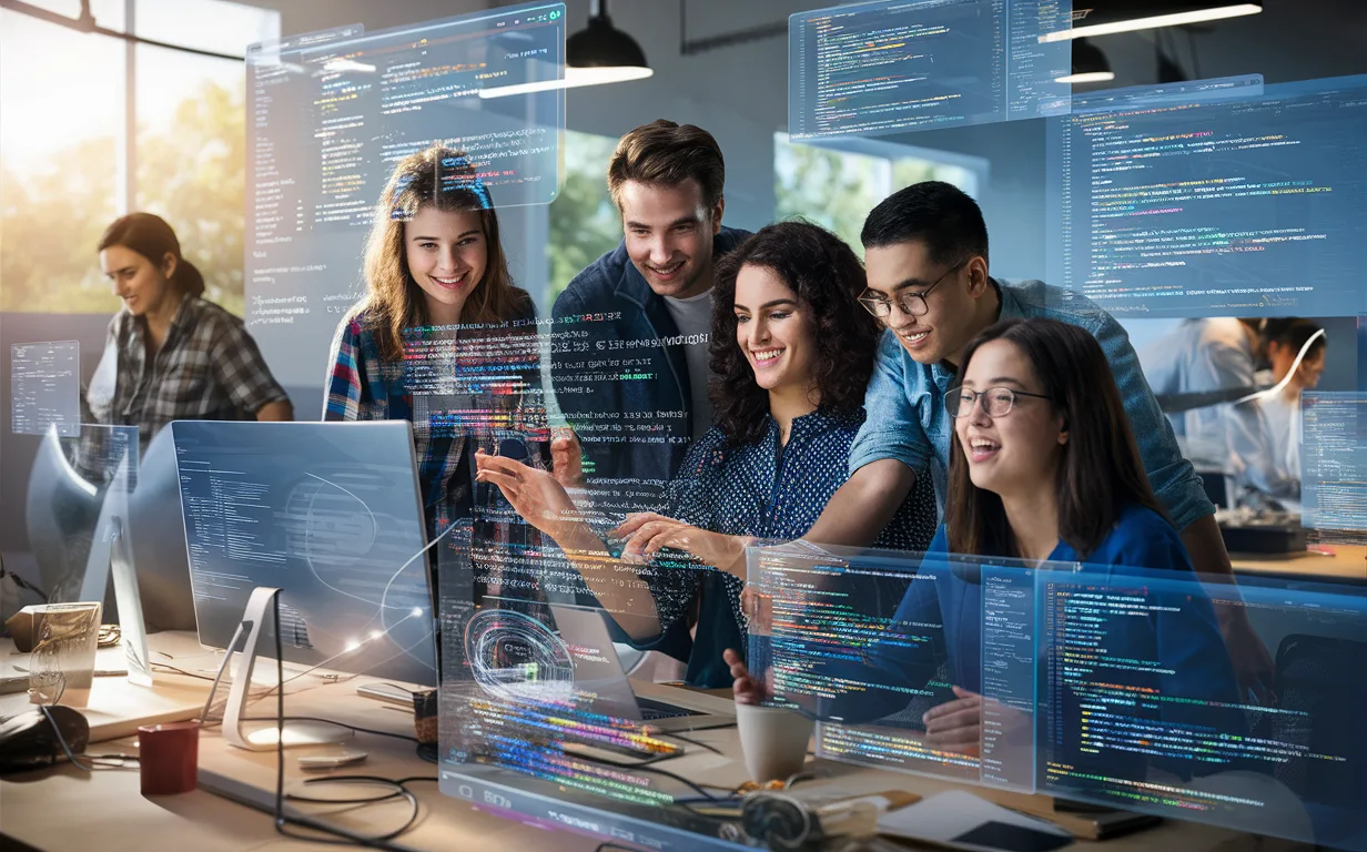 Realistic modern workspace with diverse developers interacting with digital screens displaying frontend development code and animations, symbolizing innovative interactive frontend education.