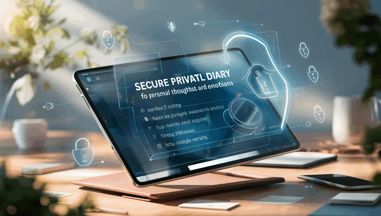 Realistic digital tablet with a secure online diary interface, surrounded by digital privacy symbols, emphasizing a private and safe online journaling service.