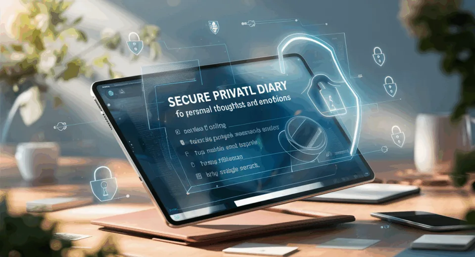 Realistic digital tablet with a secure online diary interface, surrounded by digital privacy symbols, emphasizing a private and safe online journaling service.