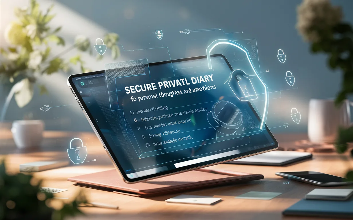 Realistic digital tablet with a secure online diary interface, surrounded by digital privacy symbols, emphasizing a private and safe online journaling service.