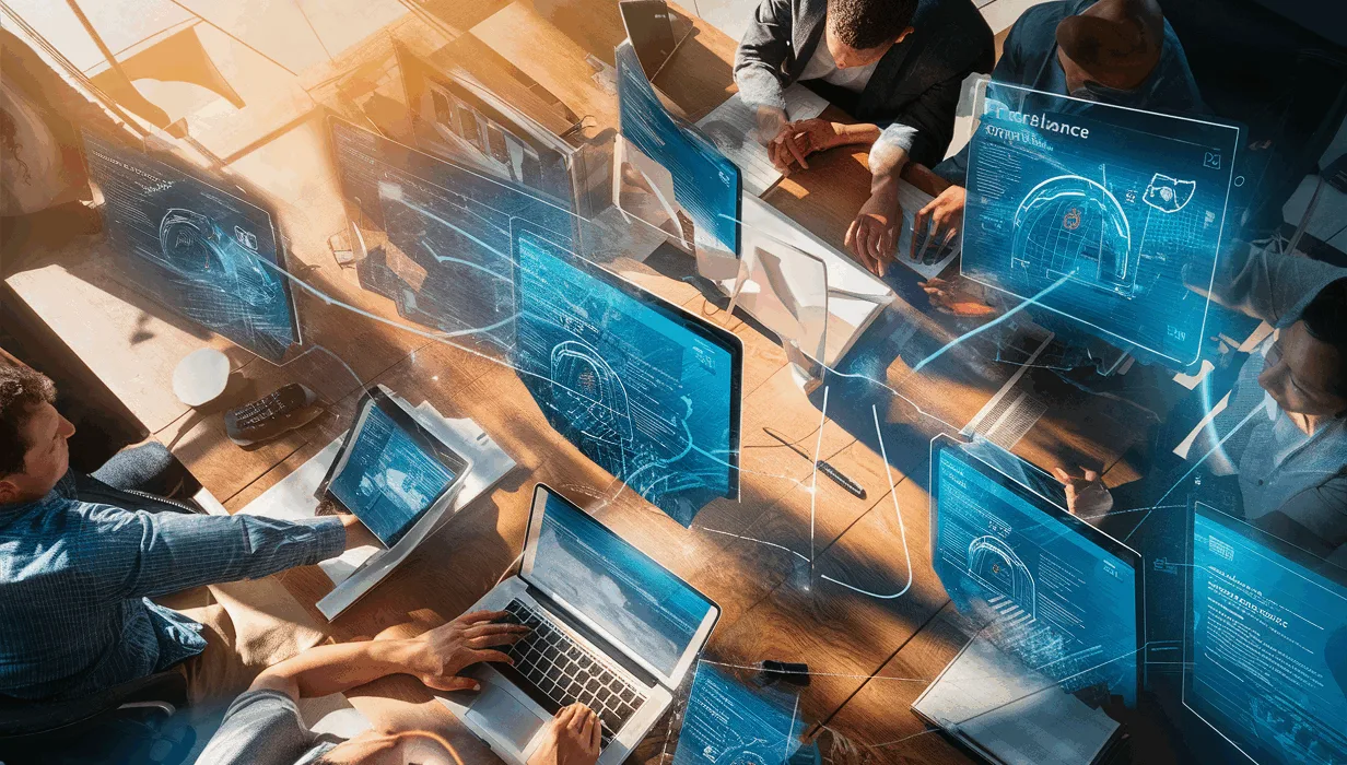 Realistic and detailed workspace with professionals engaged in freelance projects, surrounded by digital screens showing abstract freelance project visuals, representing a curated freelance project subscription service.