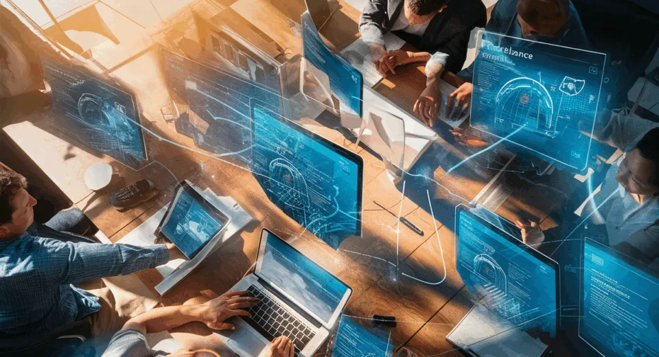 Realistic and detailed workspace with professionals engaged in freelance projects, surrounded by digital screens showing abstract freelance project visuals, representing a curated freelance project subscription service.
