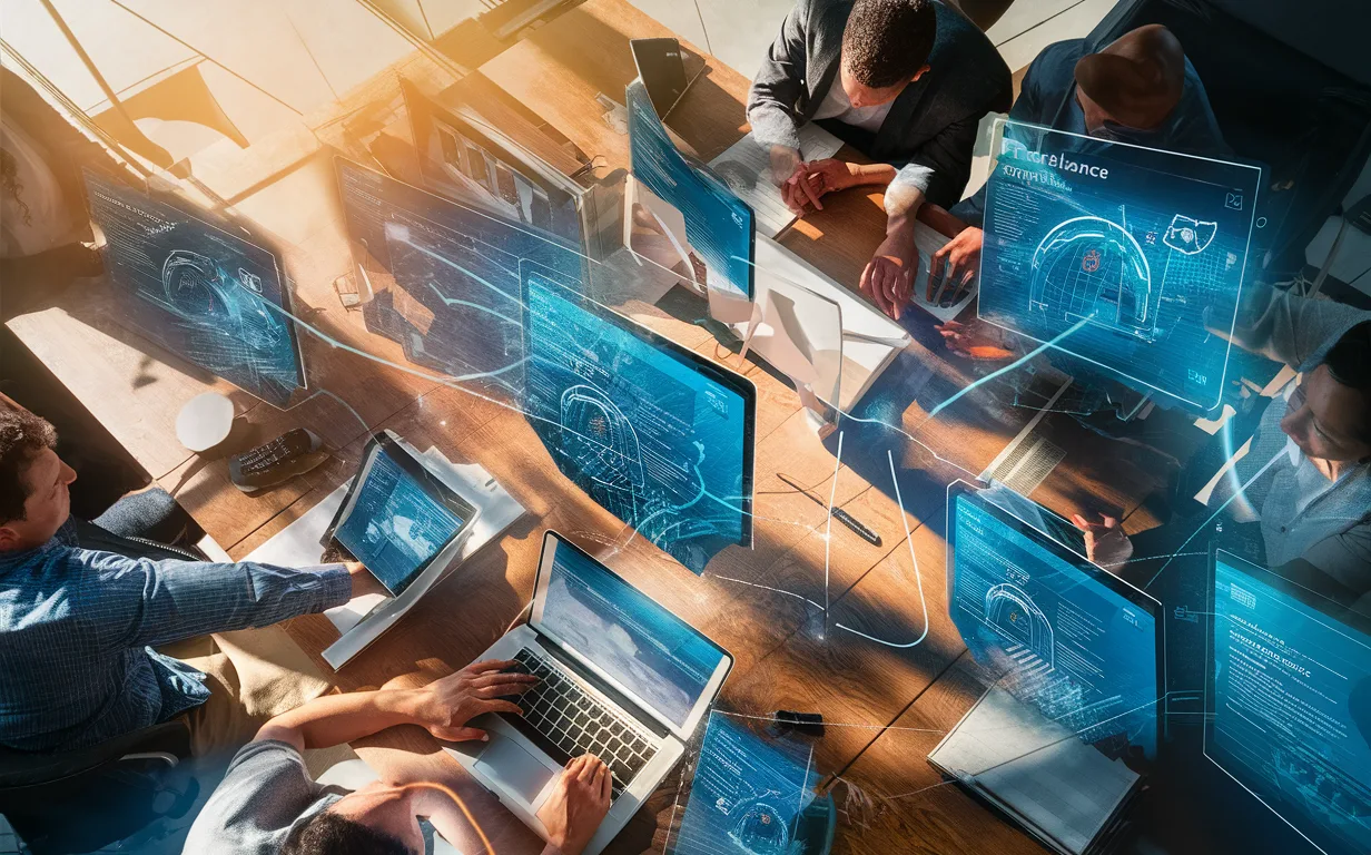 Realistic and detailed workspace with professionals engaged in freelance projects, surrounded by digital screens showing abstract freelance project visuals, representing a curated freelance project subscription service.