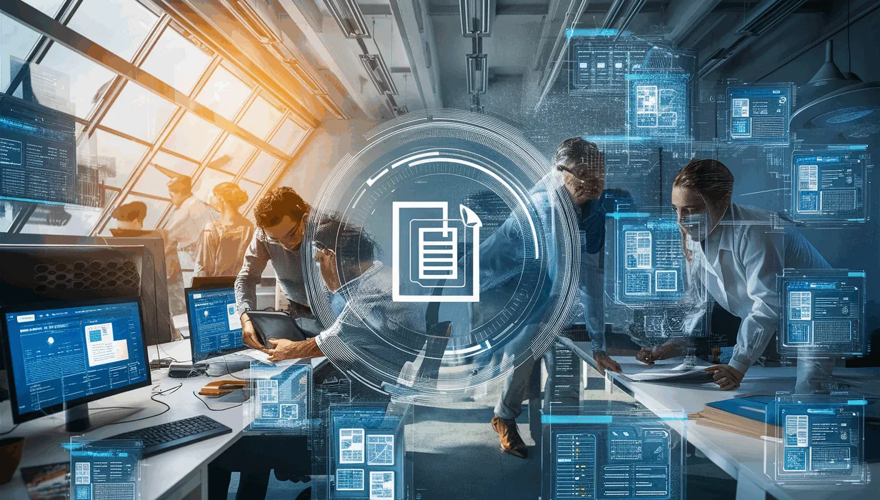 A realistic 4K scene of professionals collaborating using an AI-powered knowledge management platform with multiple digital and holographic interfaces in a bright, modern office.