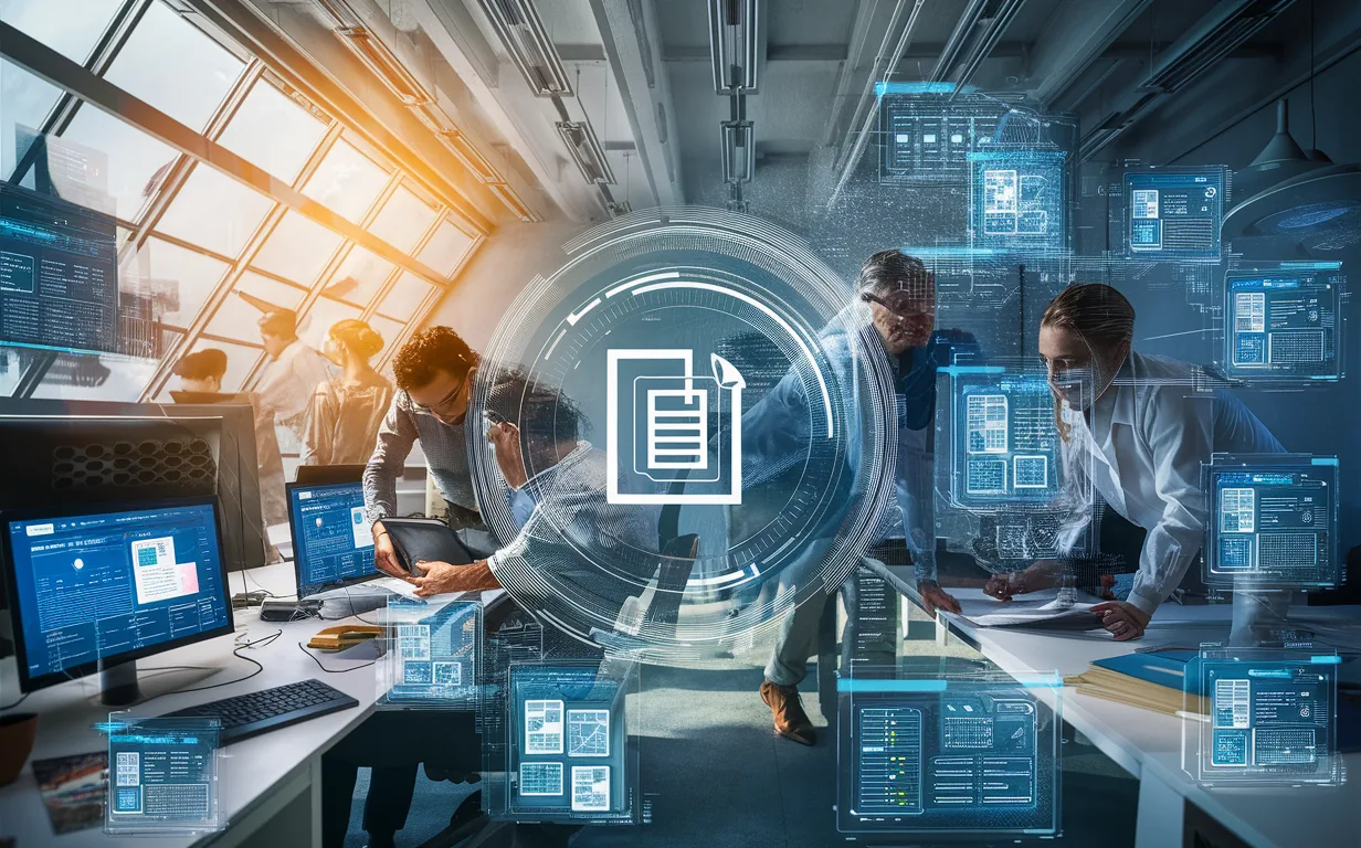 A realistic 4K scene of professionals collaborating using an AI-powered knowledge management platform with multiple digital and holographic interfaces in a bright, modern office.