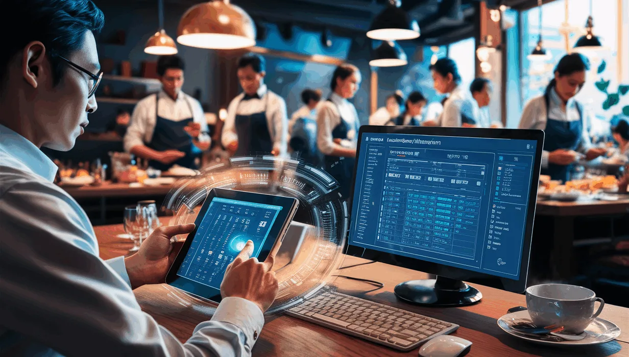 A restaurant manager using advanced employee scheduling software on digital devices, with restaurant staff working efficiently in a modern, vibrant restaurant setting.