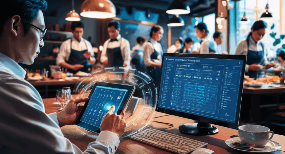 A restaurant manager using advanced employee scheduling software on digital devices, with restaurant staff working efficiently in a modern, vibrant restaurant setting.