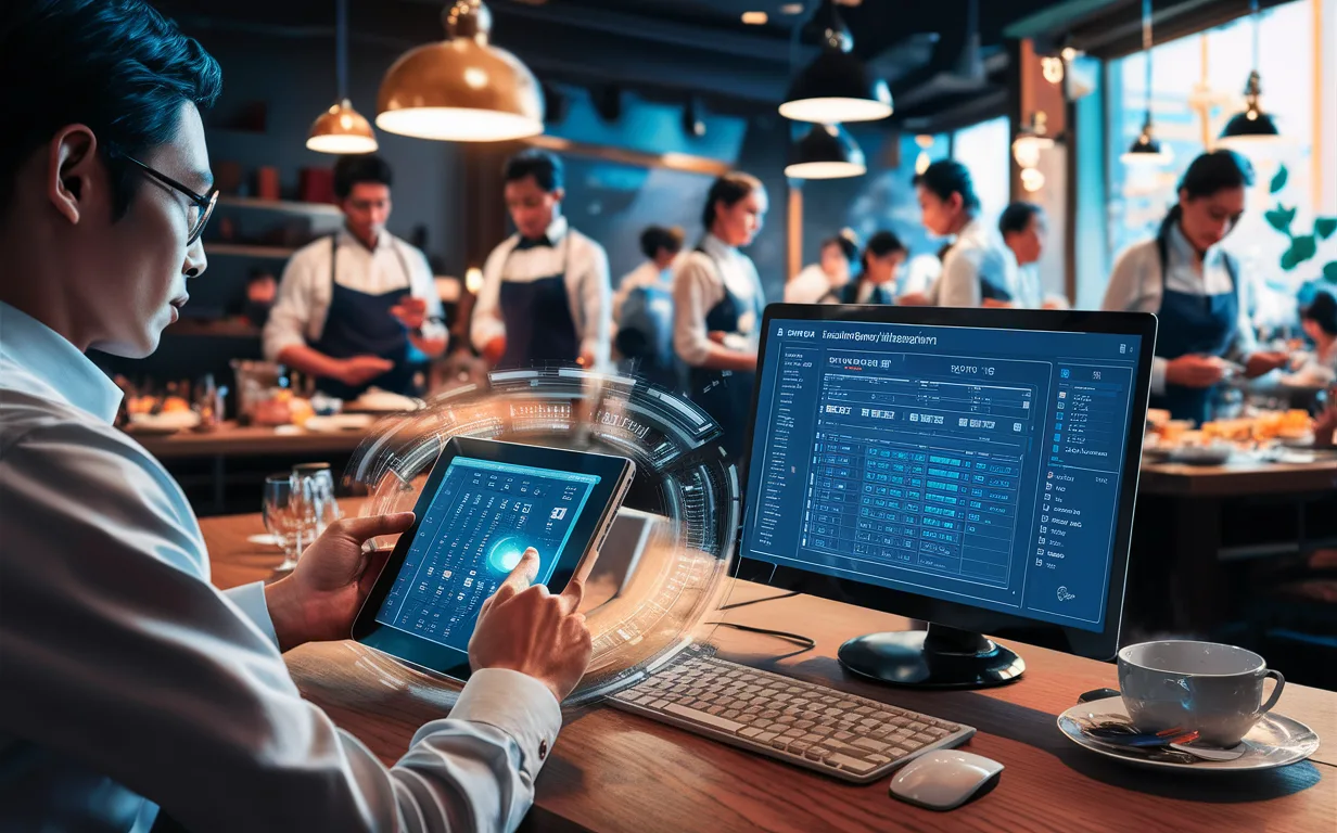 A restaurant manager using advanced employee scheduling software on digital devices, with restaurant staff working efficiently in a modern, vibrant restaurant setting.