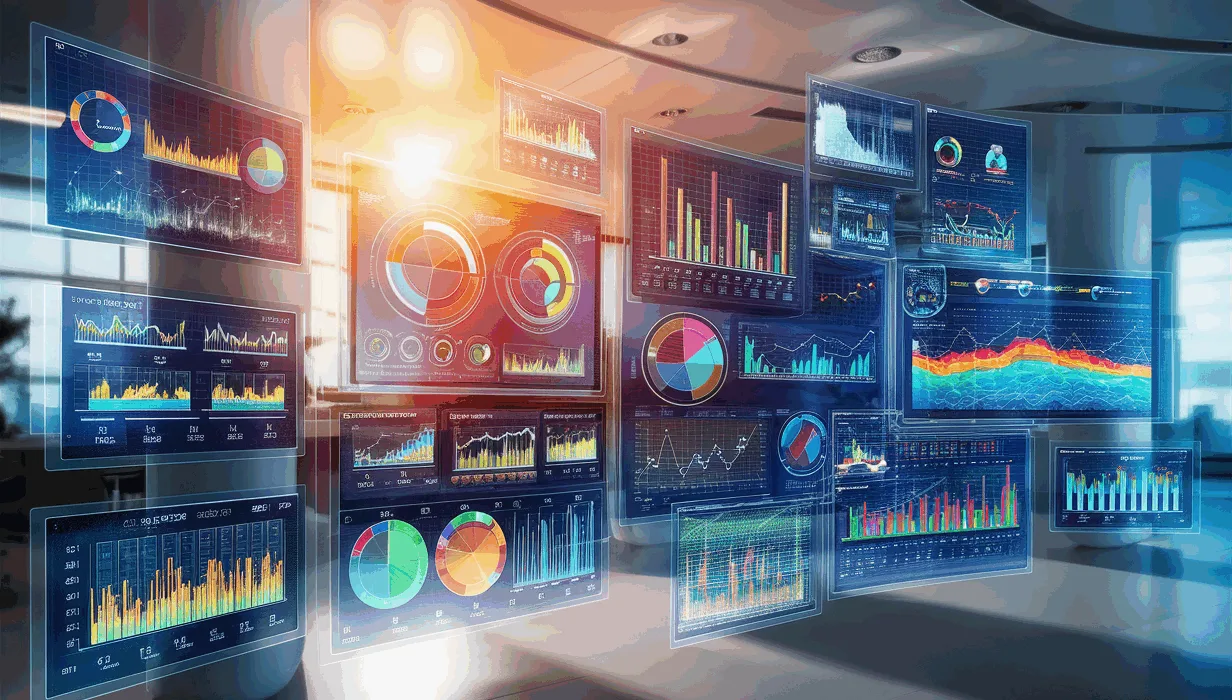 Realistic futuristic business data dashboard with multiple floating screens showing colorful charts and graphs in a modern office setting.