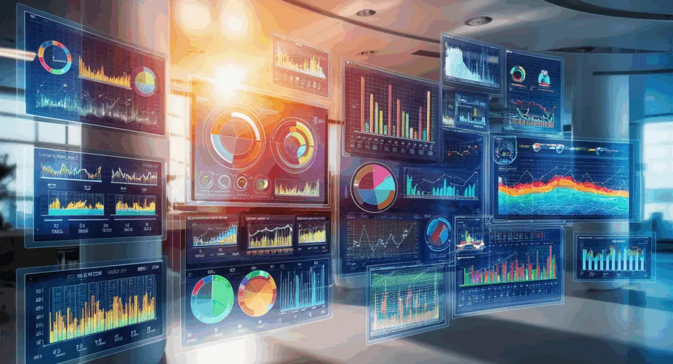 Realistic futuristic business data dashboard with multiple floating screens showing colorful charts and graphs in a modern office setting.