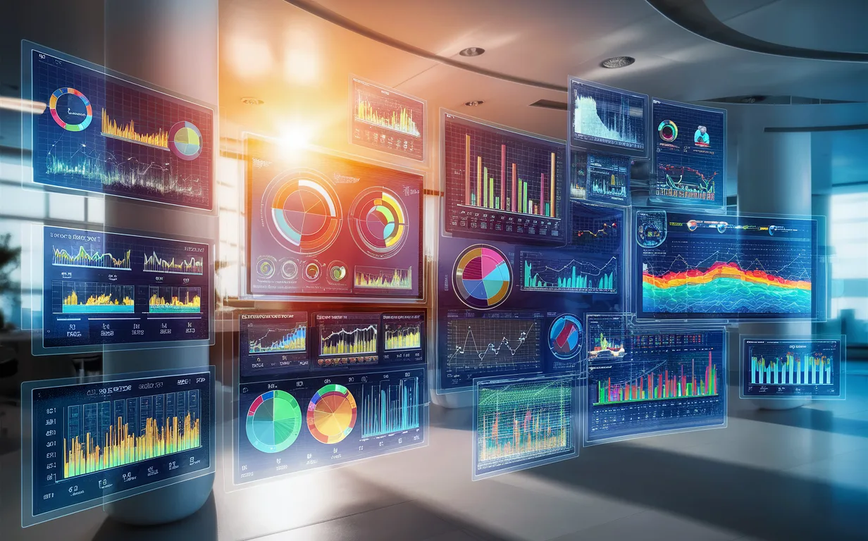Realistic futuristic business data dashboard with multiple floating screens showing colorful charts and graphs in a modern office setting.