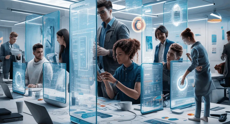 Modern digital workspace with young professionals collaborating on design projects using transparent digital screens displaying UI/UX wireframes and graphic templates in a bright, futuristic office.
