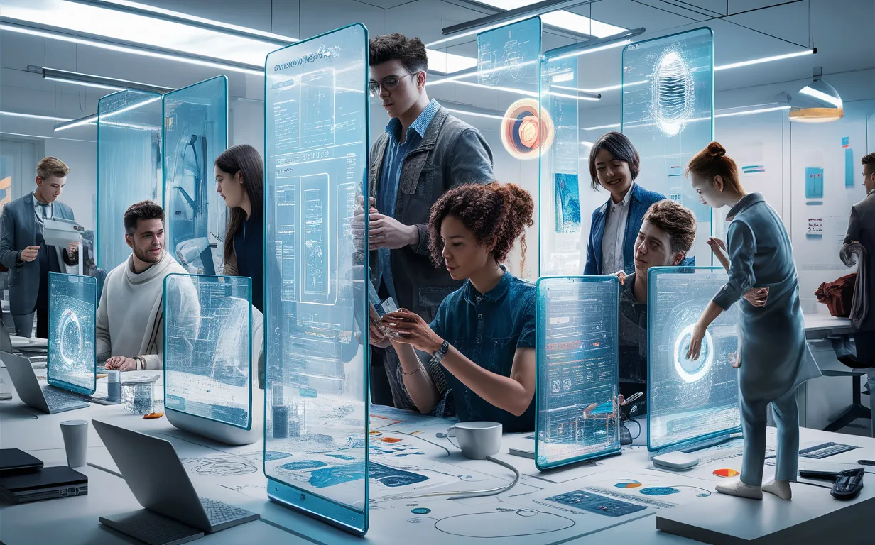 Modern digital workspace with young professionals collaborating on design projects using transparent digital screens displaying UI/UX wireframes and graphic templates in a bright, futuristic office.