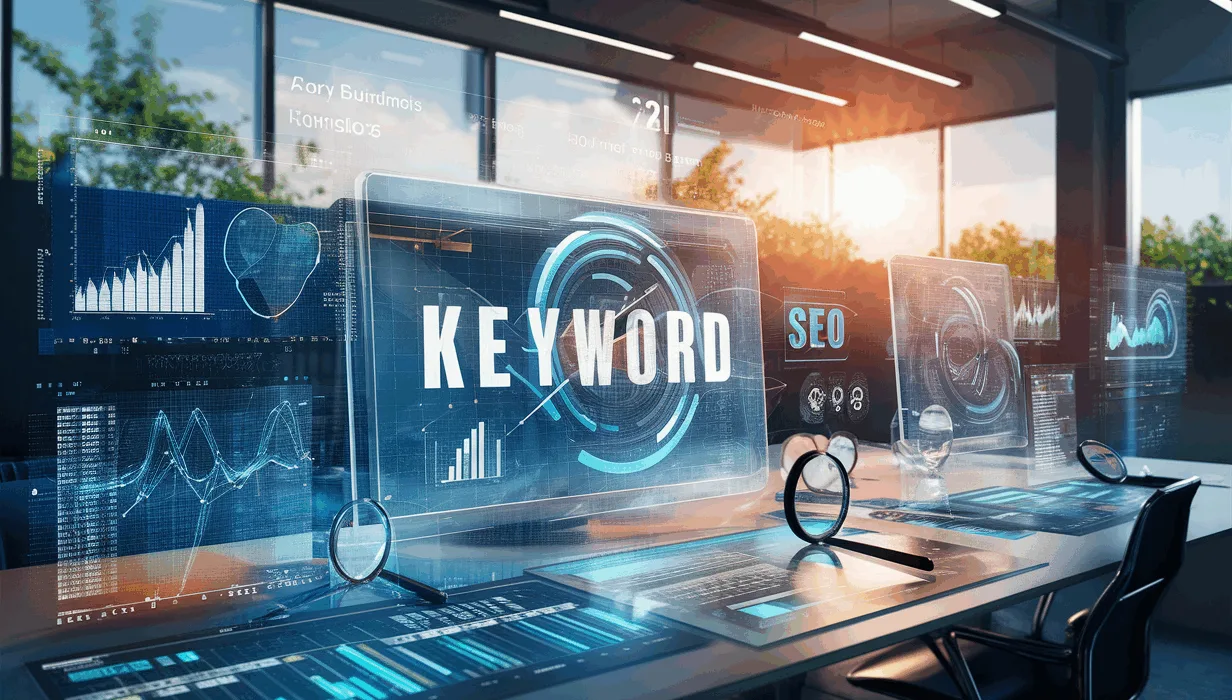 Realistic digital workspace showcasing keyword research and SEO analytics with transparent data screens and graphs in a modern IT environment under natural daylight.
